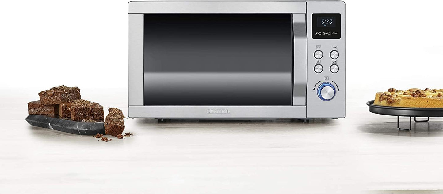 Four Micro-Ondes, Gril, Chaleur Tournante 2 150W, 25L, 10 Niveaux De Puissance, Plaque À Pizza (Ø 28 Cm), Inox, MW 7754