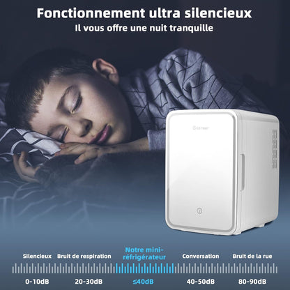 Mini Réfrigérateur 10L Chaud/Froid Portable Avec Miroir LED, Mini Frigo Avec Etagères Amovibles 12V/220V Pour Voiture, Chambre
