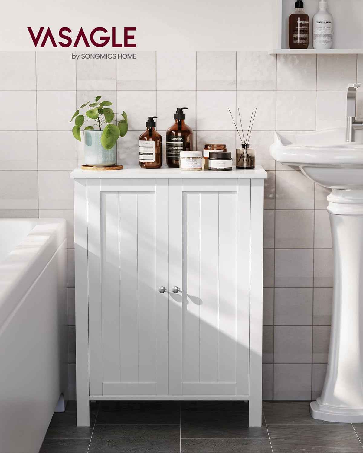 Meuble Salle De Bain Sur Pieds, Armoire De Rangement, Placard Avec 2 Étagères Réglables, 30 X 60 X 80 Cm, Blanc BCB60W