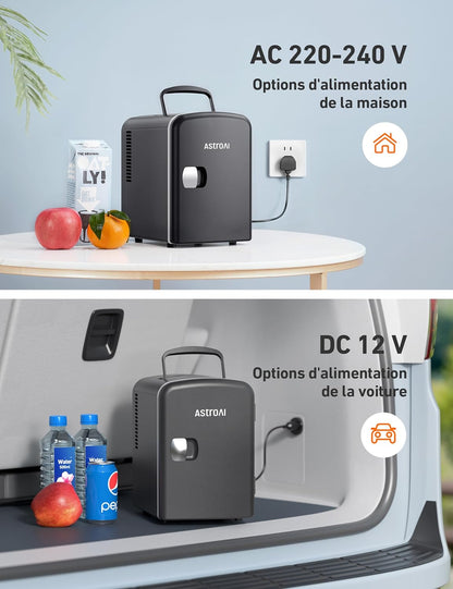 Mini Frigo De Chambre, Mini Réfrigérateur Voiture Portatif 4L 12V/220V, Glacière Électrique Chaud/Froid 0-66°C, Cadeau Femme Homme Garantie 3 Ans (Black)