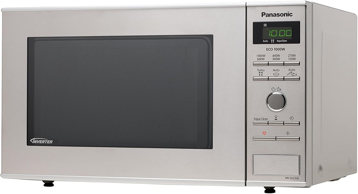 NN-SD27HSUPG Four Micro-Ondes Technologie Inverter Plateau Tournant En Verre, 23L, 1000W, 10 Prog Auto, Décongélation Chaos, 6 Puissances, Minuterie, Affichage LED, Acier Inoxydable Argent