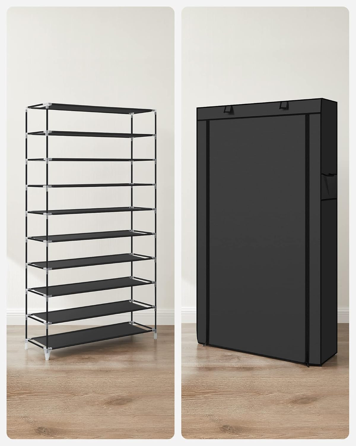 Étagère À Chaussures En Tissu À 10 Niveaux, Meuble De Rangement 28 X 88 X 160 Cm, Avec Housse De Protection, Chaussures De Sport, Talons Hauts, Pantoufles, Cadre En Métal, Noir RXJ36H