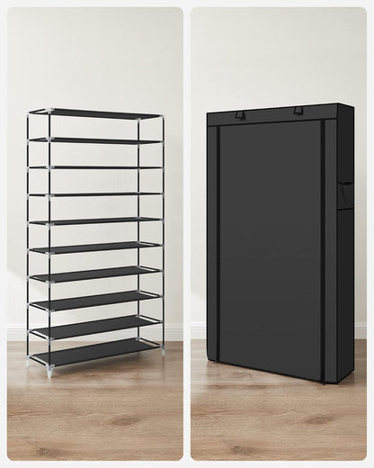 Étagère À Chaussures En Tissu À 10 Niveaux, Meuble De Rangement 28 X 88 X 160 Cm, Avec Housse De Protection, Chaussures De Sport, Talons Hauts, Pantoufles, Cadre En Métal, Noir RXJ36H