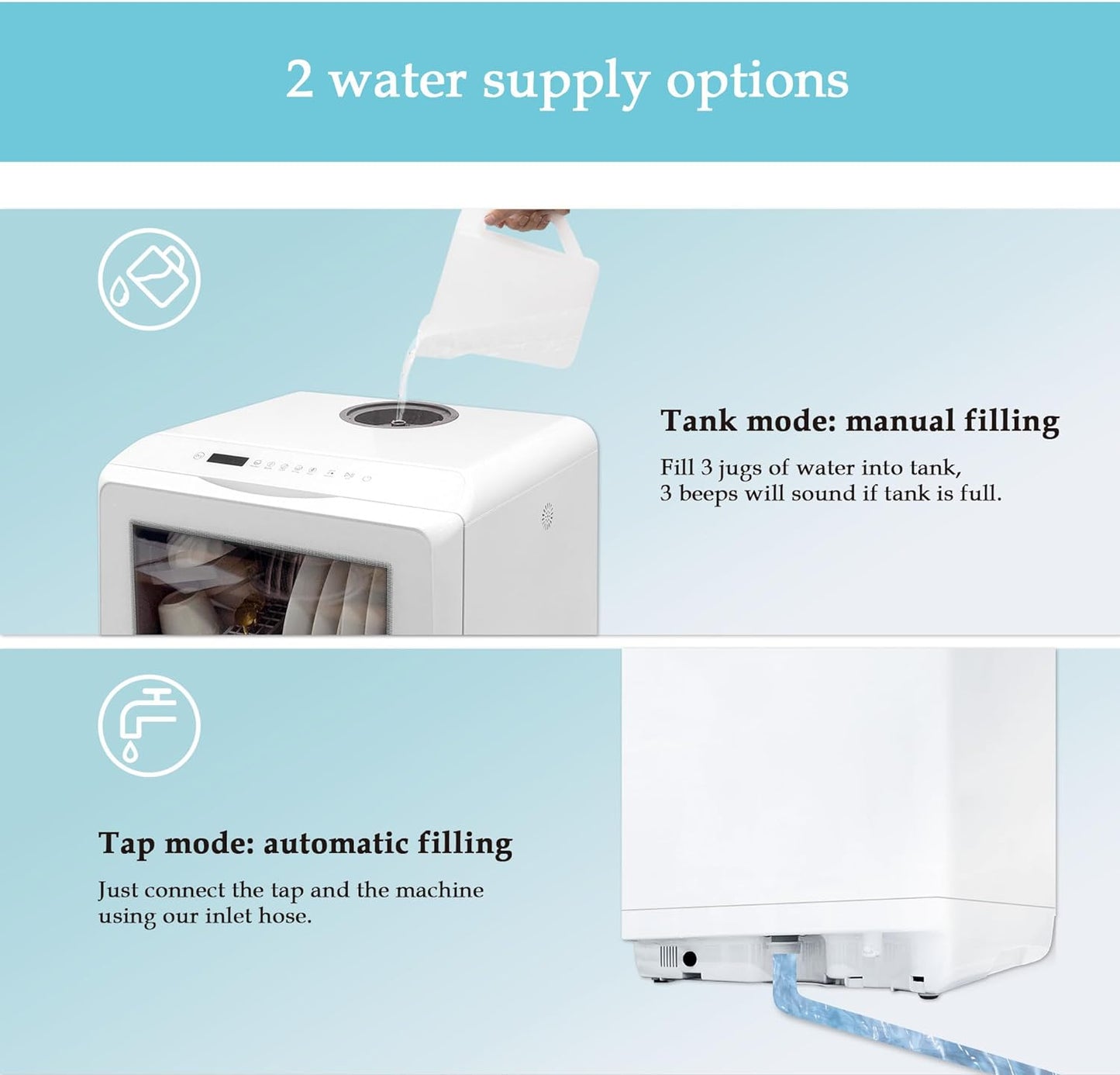 Mini Lave-Vaisselle De Table Comptoir Portable, 5 Programmes, Deux Modes D'Alimentation En Eau Avec Commande Tactile, Affichage À LED, Lavage De Fruits, Installation Gratuite-Blanc