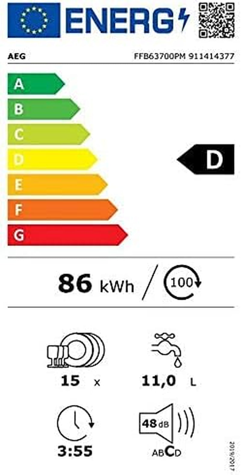 FFB63700PM Lave-Vaisselle - Pose Libre, Proclean, 60 Cm, 15 Couverts, Acier Inoxydable, Classe D