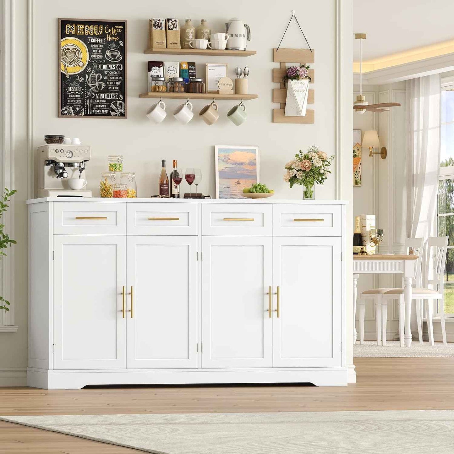 Buffet Cuisine, 150 Cm Meuble Cuisine Avec 4 Tiroirs 4 Portes, Blanc | Buffet Salle a Manger Avec Poignées Dorées, Meuble De Rangement Pour Salon, Cuisine, Couloir, 150×40×92 Cm