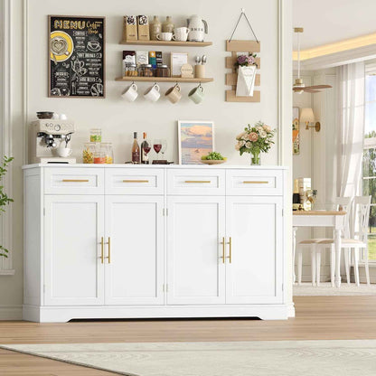 Buffet Cuisine, 150 Cm Meuble Cuisine Avec 4 Tiroirs 4 Portes, Blanc | Buffet Salle a Manger Avec Poignées Dorées, Meuble De Rangement Pour Salon, Cuisine, Couloir, 150×40×92 Cm