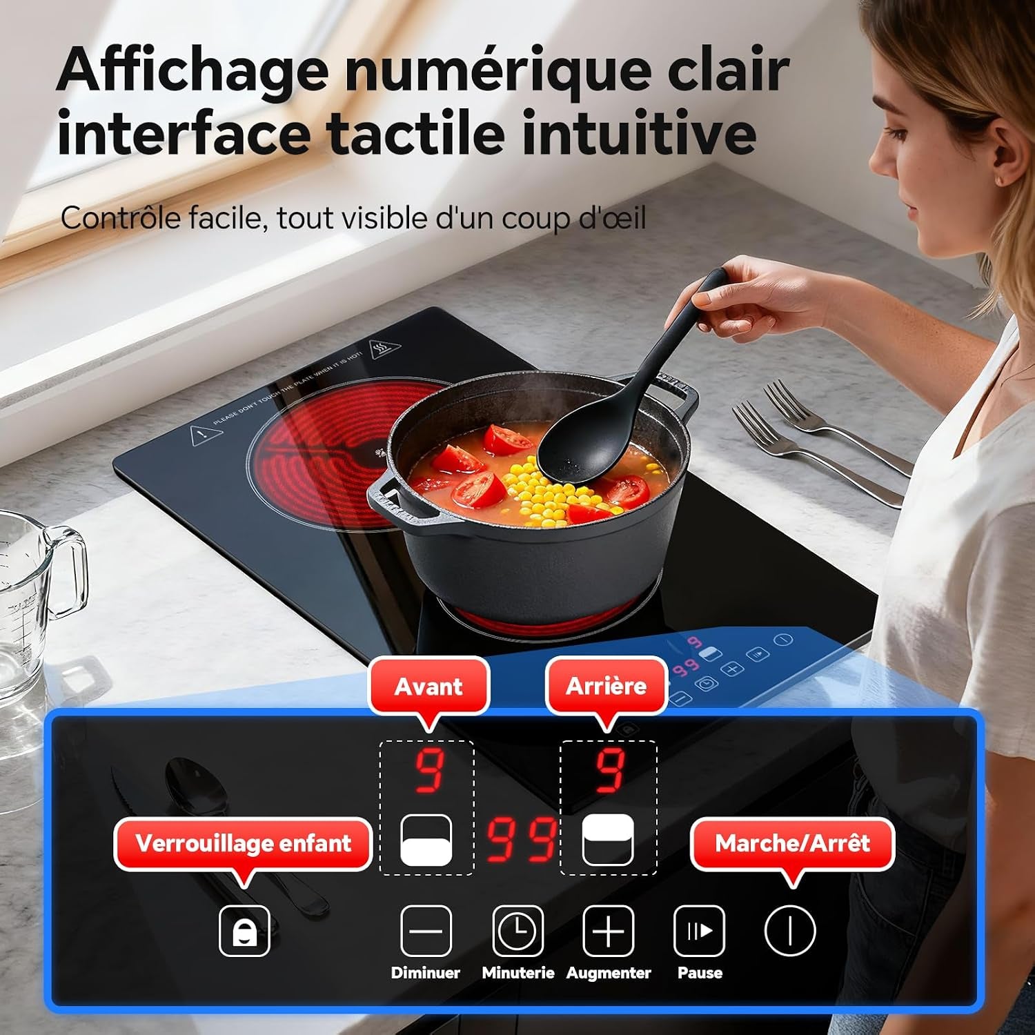 Plaque Vitrocéramique 2 Feux, Plaque De Cuisson Electrique 3000W | Avec Prise, 30Cm Encastrable/Portable, 9 Niveaux, Commande Tactile, Arrêt Automatique, Pour Toutes Les Poêles