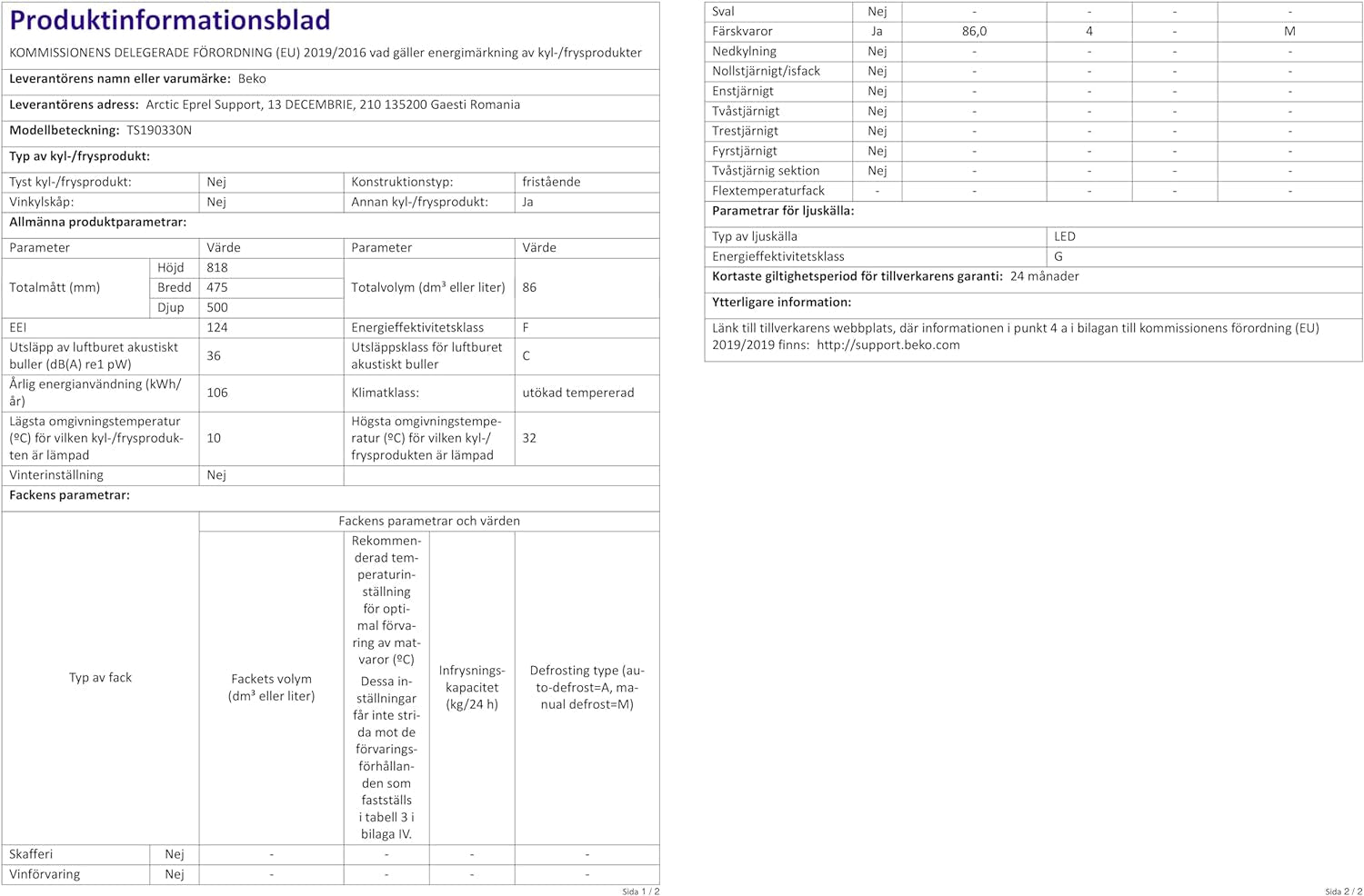 Beko TS190330N Réfrigérateur Table Top - Encastrable, 38 Db, Classe F