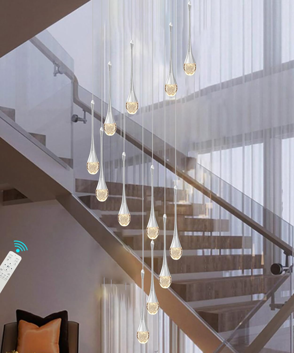 Lustre Suspendu En Cristal Long 12 Lumières - Éclairage Pour Foyer, Entrée, Plafond Haut, Salon - Grands Lustres LED Avec Accessoires Réglables
