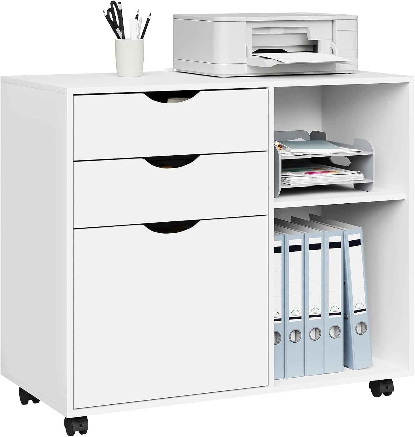 Caisson De Bureau Sur Roulettes, 80X39,5X69,5 Cm,Blanc | Avec 3 Tiroirs Et 2 Compartiments Ouverts, Armoire À Dossiers, Meuble De Rangement, Pour Bureau, Chambre