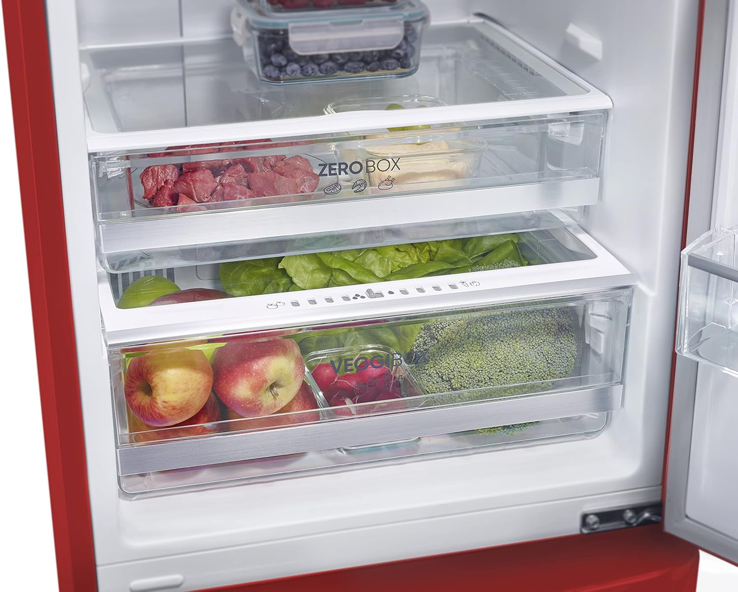 Réfrigérateur Congélateur Combiné Total Nofrost, Pose Libre, Largeur 54Cm, 250 L, Classe E, Veggibox Incluse, Rétro, Rouge, RKG 8927