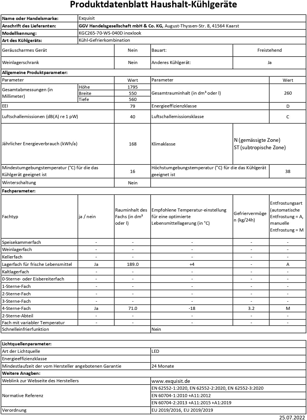 Exquisit Réfrigérateur-Congélateur KGC265-70-WS-040D Inoxlook | Capacité Utile 260 L