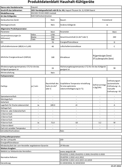 Exquisit Réfrigérateur-Congélateur KGC265-70-WS-040D Inoxlook | Capacité Utile 260 L