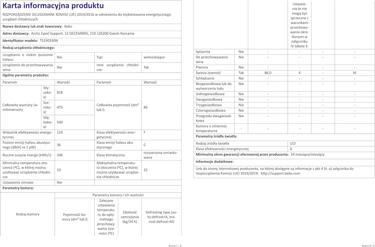 Beko TS190330N Réfrigérateur Table Top - Encastrable, 38 Db, Classe F