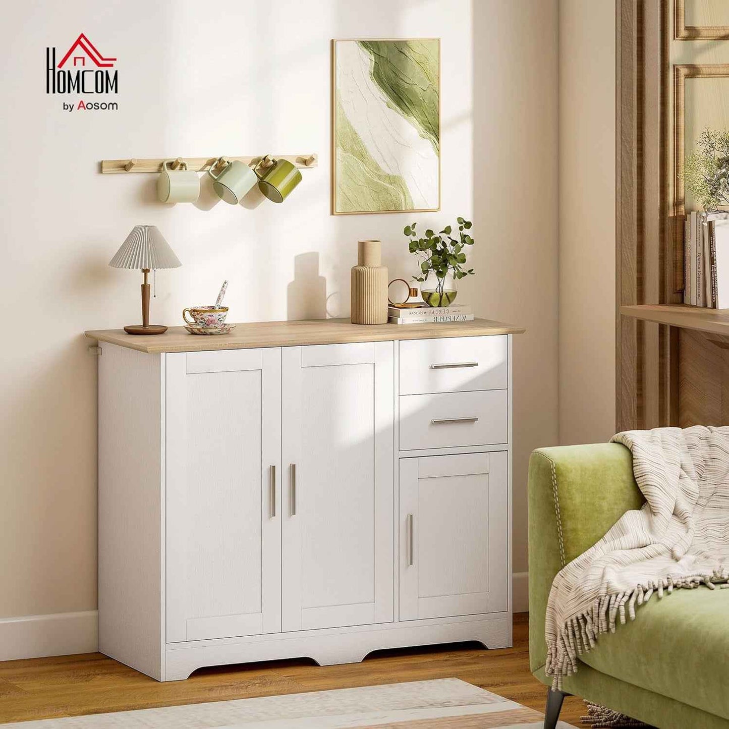 Buffet Salon 2 Tiroirs 3 Portes 100 X 40 X 78 Cm Blanc Bois Naturel | Meuble De Rangement, Étagère Réglable, Style Contemporain, Buffet Salle À Manger Et Cuisine