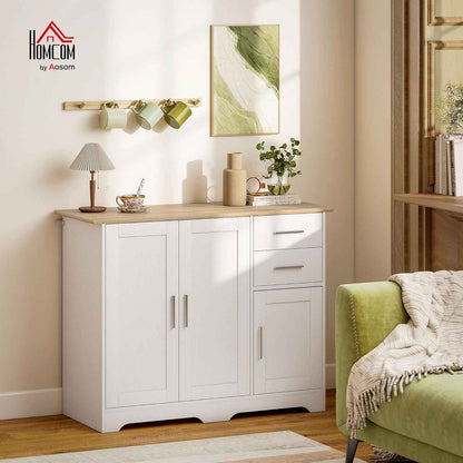 Buffet Salon 2 Tiroirs 3 Portes 100 X 40 X 78 Cm Blanc Bois Naturel | Meuble De Rangement, Étagère Réglable, Style Contemporain, Buffet Salle À Manger Et Cuisine