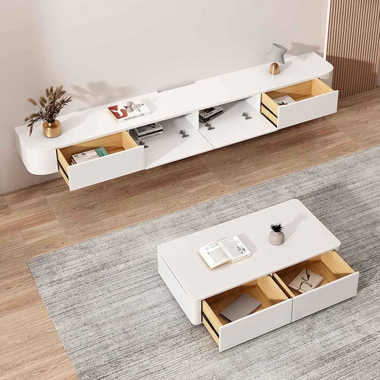 Meuble TV Flottant, Étagères TV Murales Avec Porte, Console Multimédia TV, Meuble TV Flottant, Grand Banc TV De Rangement Sous La Télévision(Blanc,140Cm/55.1")