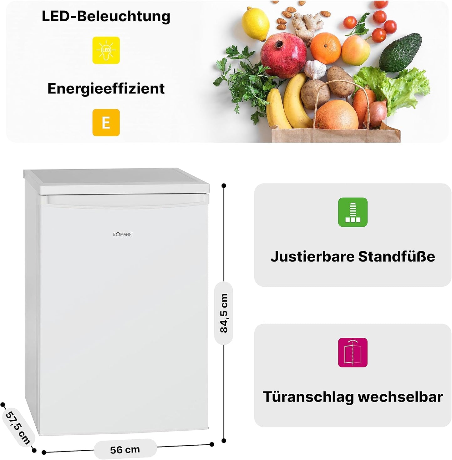 Bomann Réfrigérateur 133L Blanc Vs2185-1-Blanc, Capacité Nette : 133 Litres, Éclairage Intérieur À DEL, Contrôle De La Température En Continu, 3 Clayettes En Verre