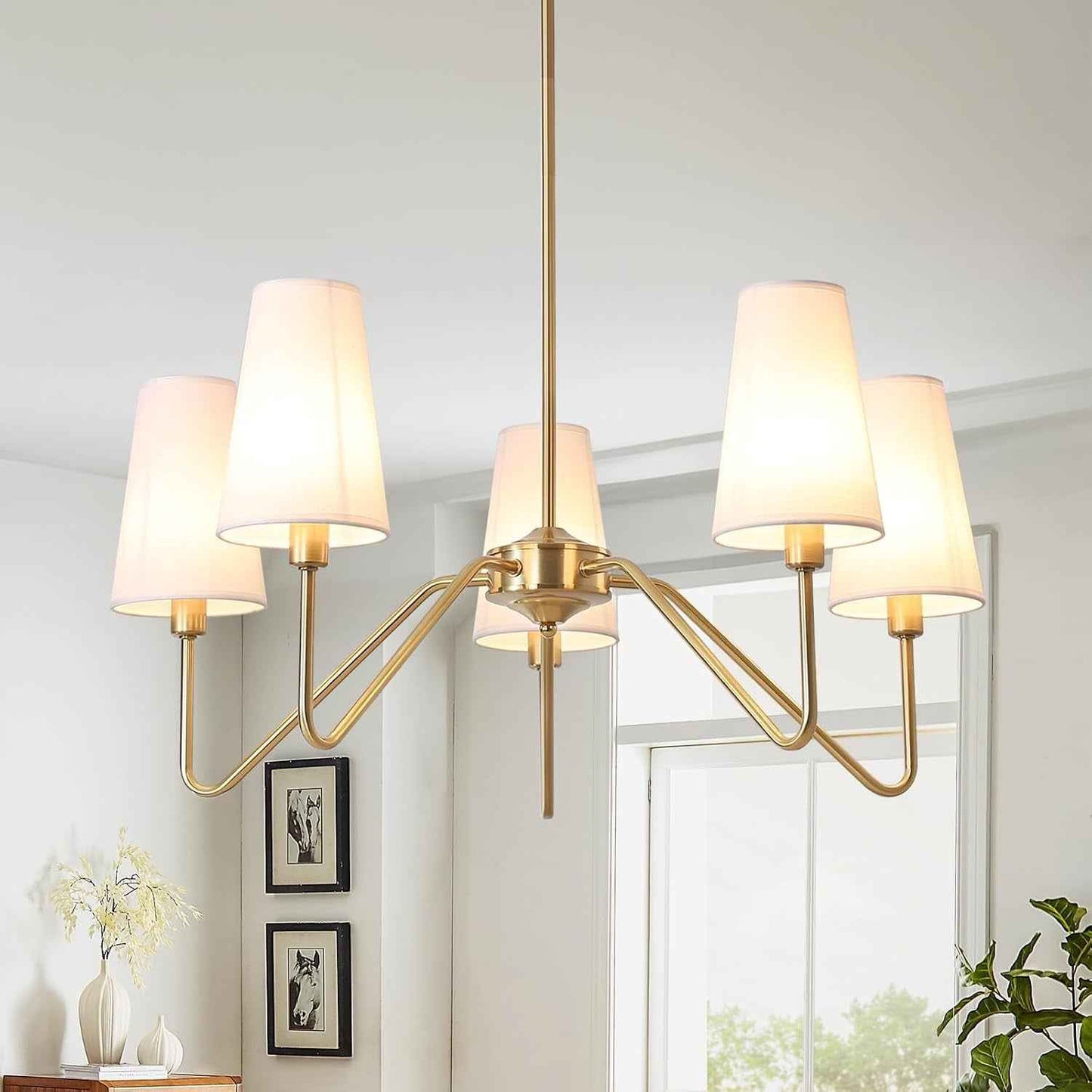 Or Lustre Salon Moderne,5-Light Suspension Luminaire 76Cm E14 Lampe Avec Un Abat-Jour En Lin Blanc Luminaires Intérieur Pour Cuisine Chambre Suspendu Sejour Plafond Couloir, 200W