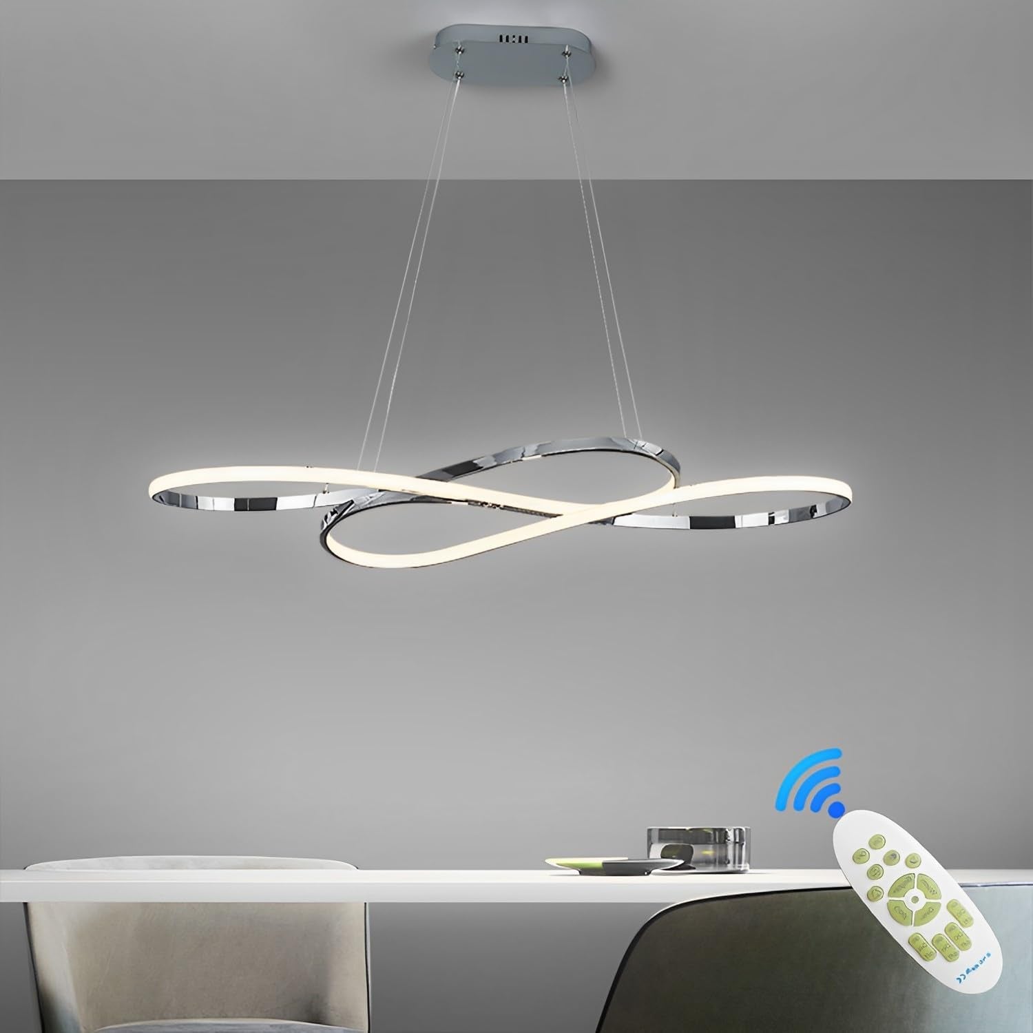Suspension LED Table À Manger Lampe Suspendue À Intensité Variable Avec Télécommande À Suspension Design Linéaire Lampe Lustre Réglable En Hauteur Lampe De Cuisine (L100Cm/57W) Chrome