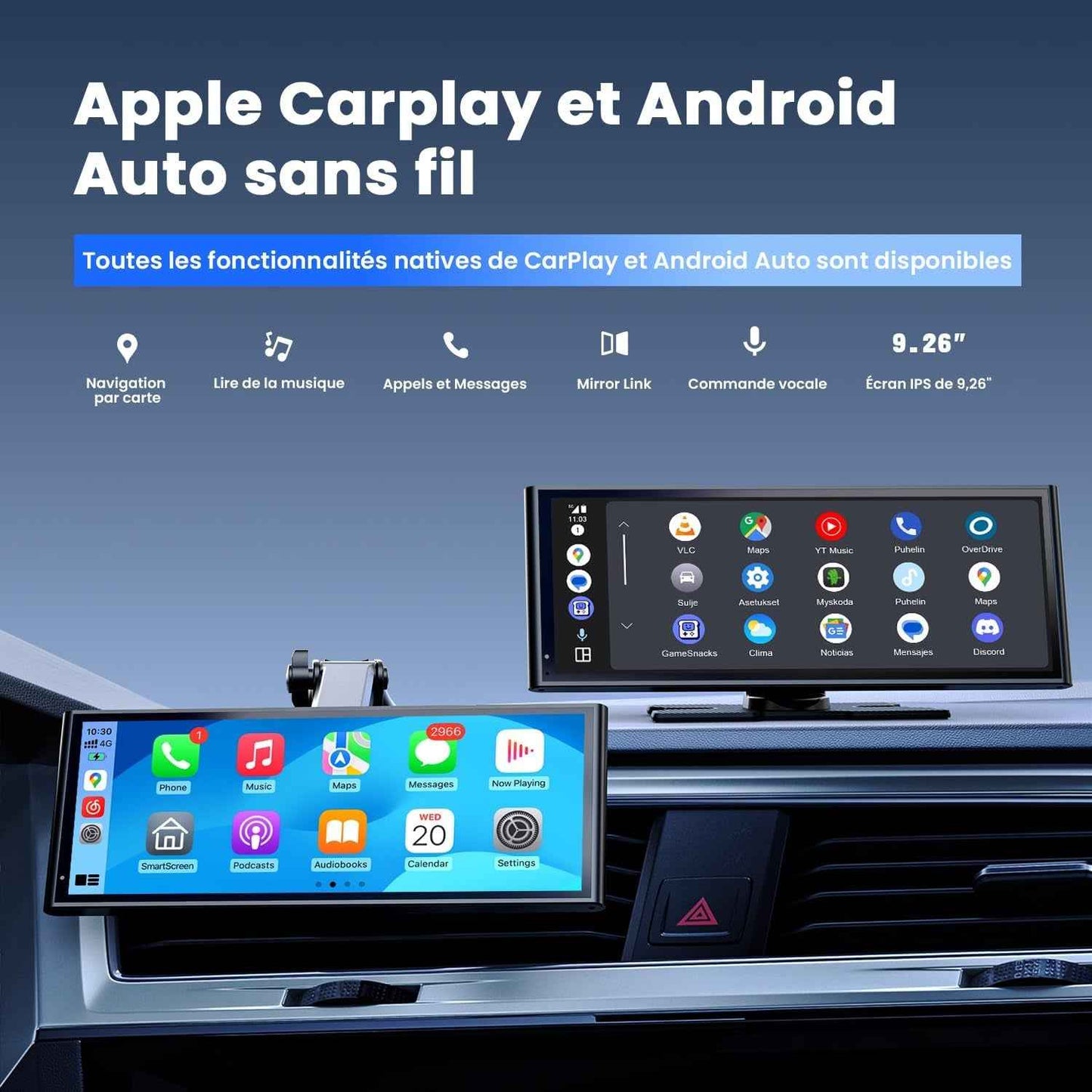 Écran Portable Sans Fil 9,26" Carplay Voiture Pour Apple Car Play & Android Auto, Mises À Jour OTA, Caméra De Recul, Mirror Link, Bluetooth 5.0, Commande Vocale, Navigation GPS, FM