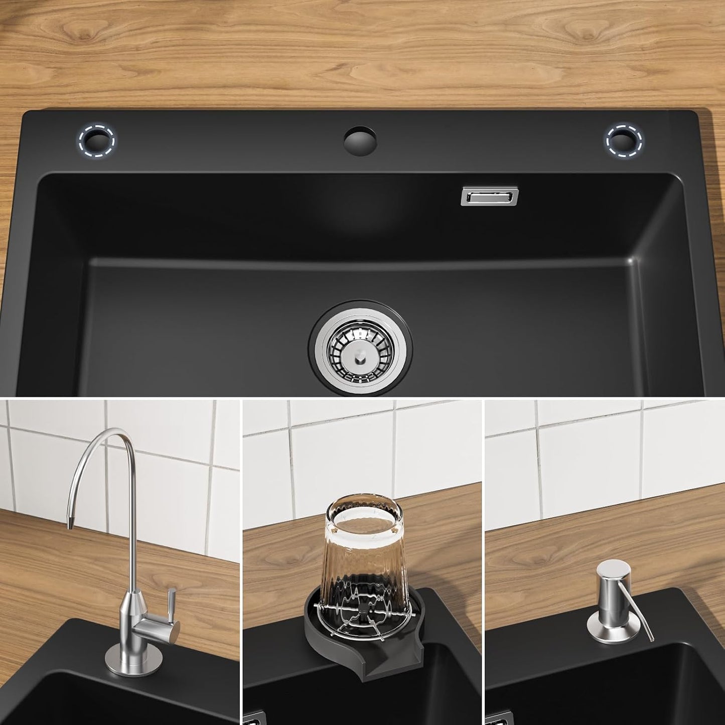 Évier De Cuisine Noir 70 X 45 X 20 Cm Avec Robinet Noir Extensible En Granit Avec Bonde Et Trop-Plein, 1 Bac Encastrable À Partir De 80 Cm De Largeur D'Armoire, Évier De Cuisine Avec Robinet