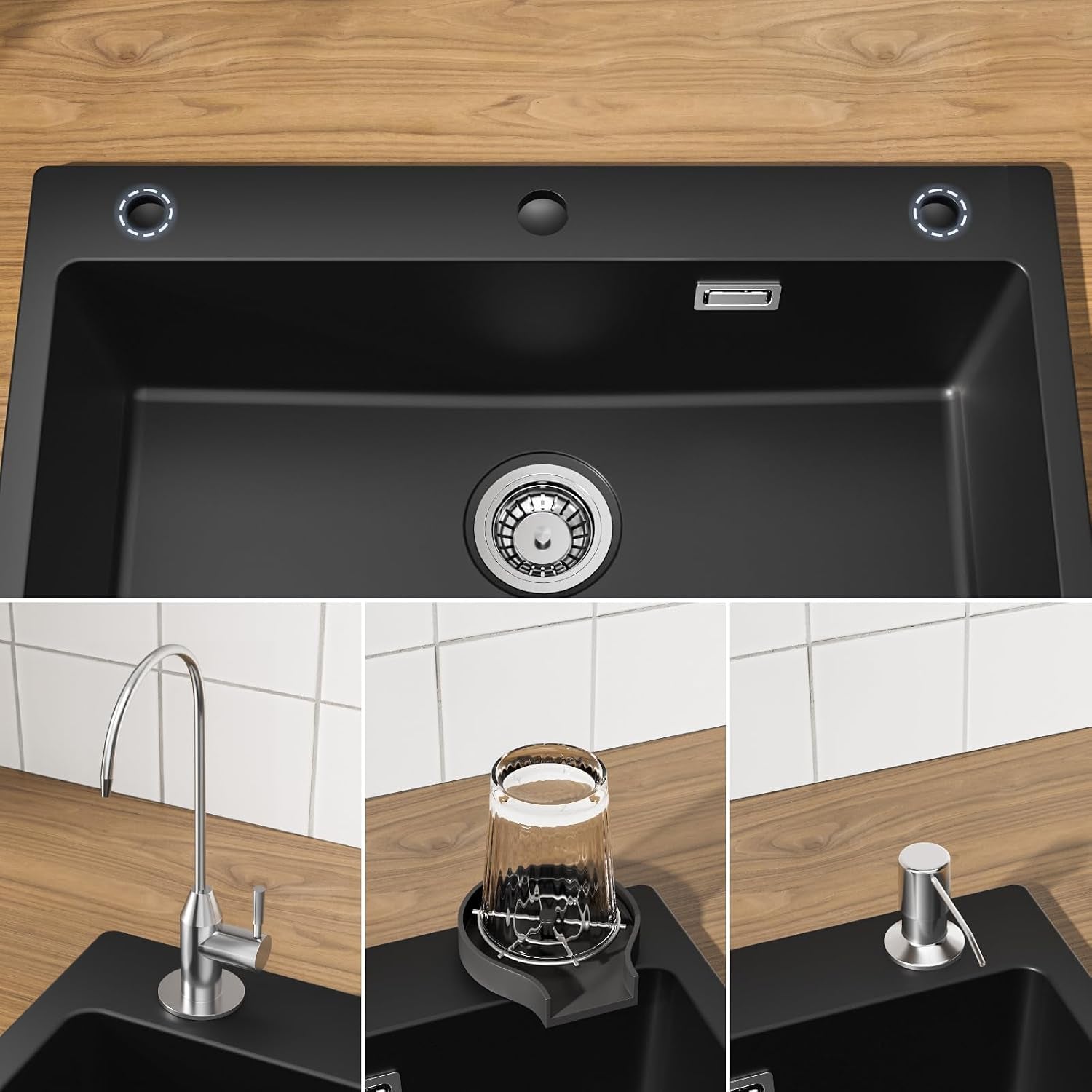 Évier De Cuisine Noir 70 X 45 X 20 Cm Avec Robinet Noir Extensible En Granit Avec Bonde Et Trop-Plein, 1 Bac Encastrable À Partir De 80 Cm De Largeur D'Armoire, Évier De Cuisine Avec Robinet