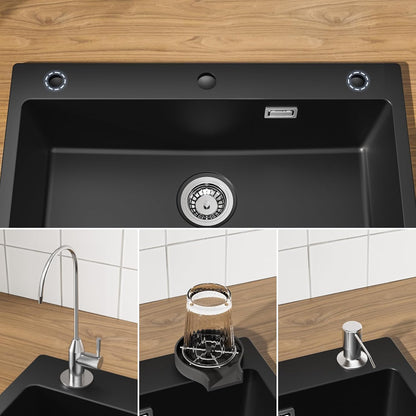 Évier De Cuisine Noir 70 X 45 X 20 Cm Avec Robinet Noir Extensible En Granit Avec Bonde Et Trop-Plein, 1 Bac Encastrable À Partir De 80 Cm De Largeur D'Armoire, Évier De Cuisine Avec Robinet