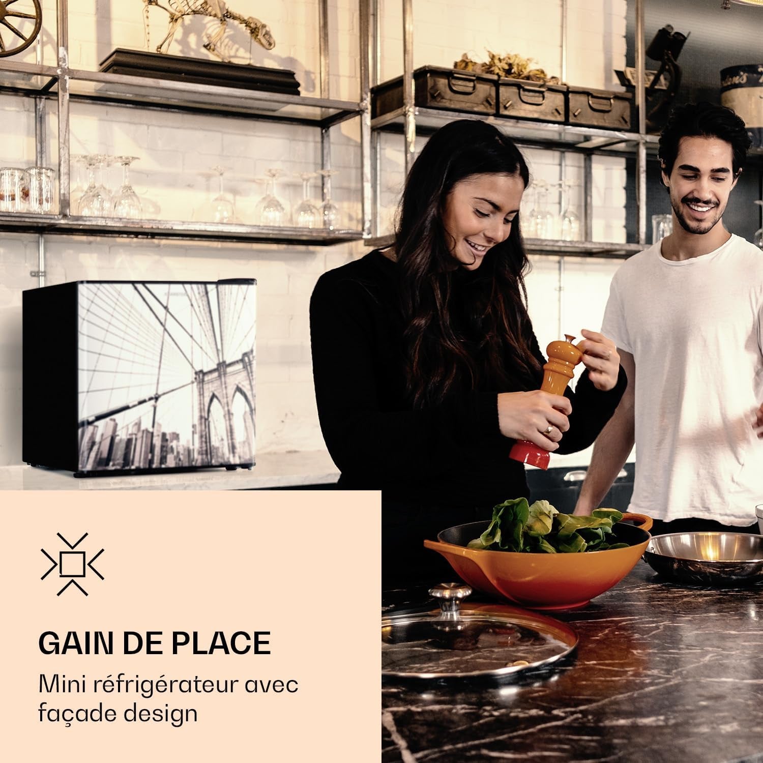 Coolart - Combiné Réfrigérateur-Congélateur, Réfrigérateur Avec 2 Niveaux De Refroidissement, Façade Design, Thermostat Avec 5 Niveaux, 0 À 10 ° C, Capacité 45 Litres - Design Grande Ville