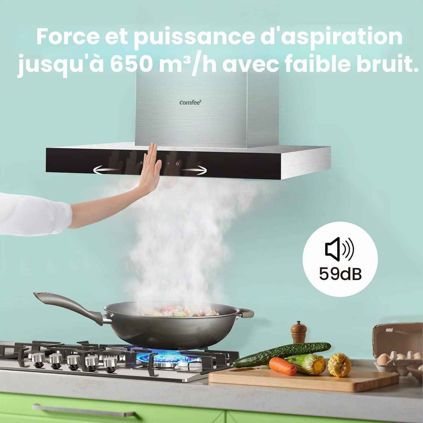 Hotte Aspirante TSHM77SS-60 60 Cm Classe A+++ Hotte Aspirante En Acier Inoxydable 650 M³/H Avec LED, Système De Recirculation Et Canalisation Et Filtres À Charbon