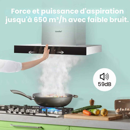 Hotte Aspirante TSHM77SS-60 60 Cm Classe A+++ Hotte Aspirante En Acier Inoxydable 650 M³/H Avec LED, Système De Recirculation Et Canalisation Et Filtres À Charbon