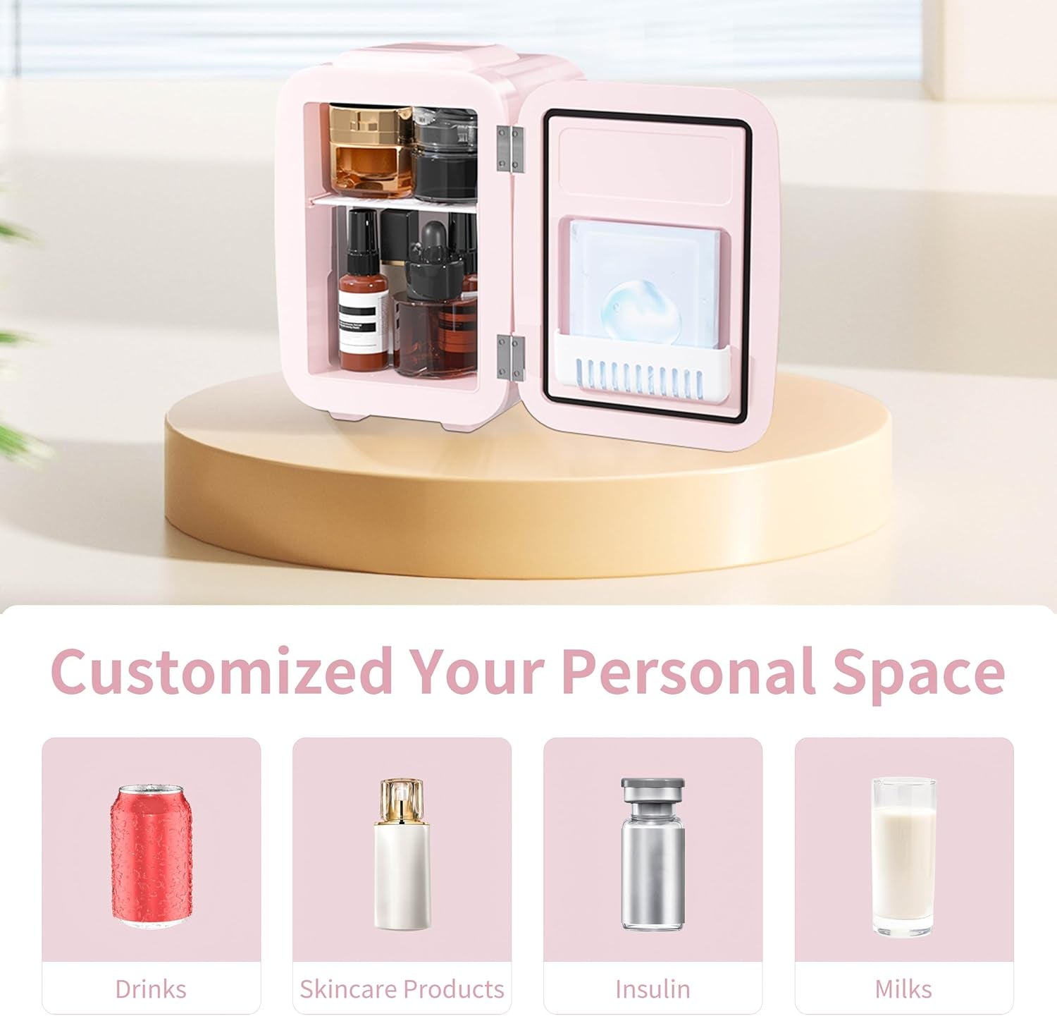 Mini Frigo De Chambre, 4 Litres Frigo Cosmetique, Petit Frigo Thermoélectrique CA/CC Pour Boissons, Nourriture, Beauté, Bureau, Dortoir, Voiture, Rose