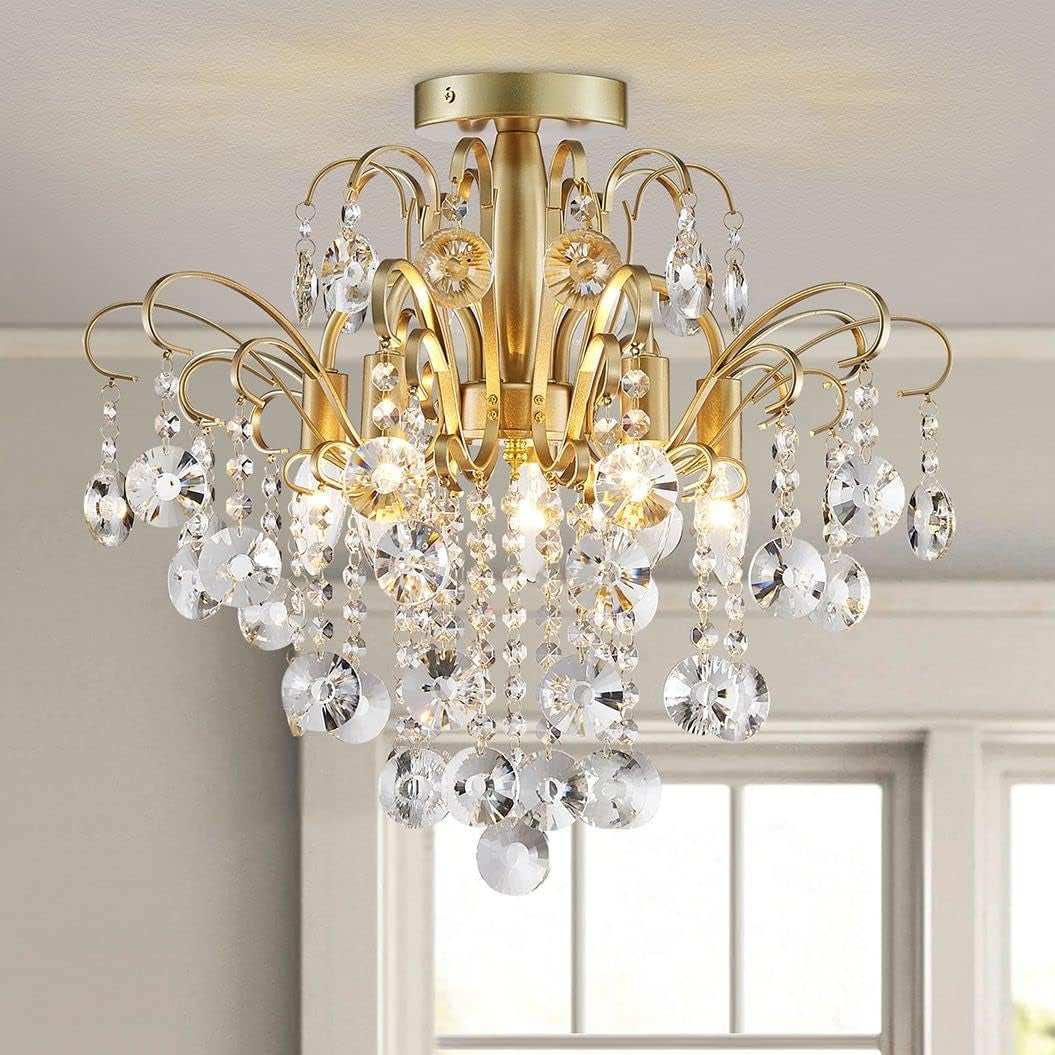Lustre En Cristal Plafonnier Encastré Luminaire Moderne Pour Chambre À Coucher Couloir Bar Cuisine Salle De Bain, H 45 X W 50, Base E14, Or