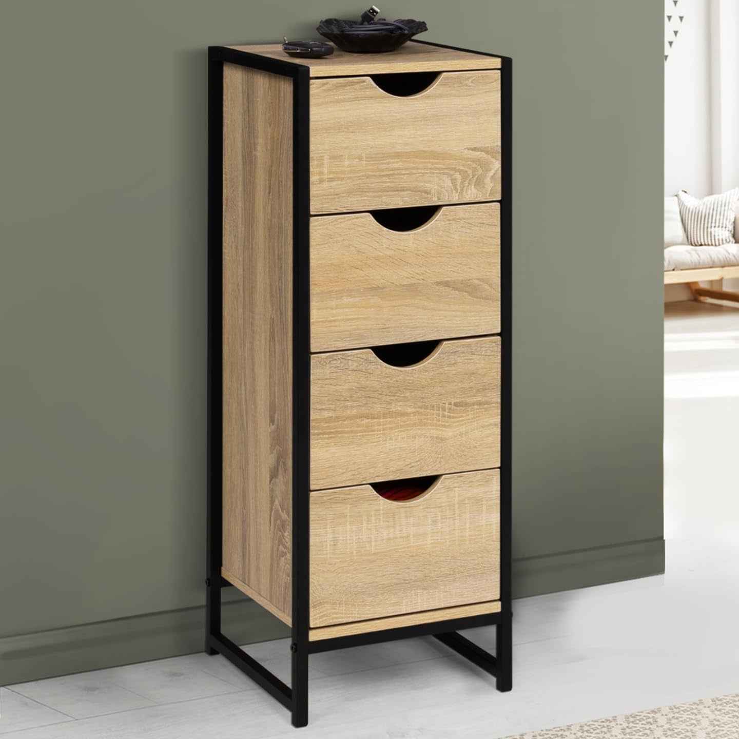 - Meuble D'Appoint 4 Tiroirs Detroit Design Industriel Bois, Noir | Longeur 30 X Largeur 30 X Hauteur 80 Cm, Chiffonnier Pour Entrée Salle De Bain