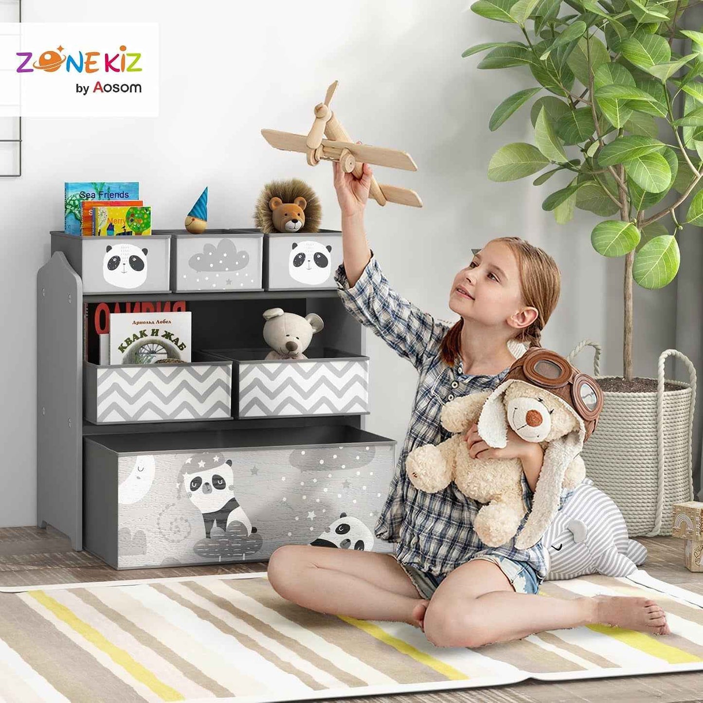 Meuble Rangement Enfant 6 Boîtes Amovibles En Tissu Non Tissé Gris | Rangement Jouet Enfant, Bibliothèque, Organisateur De Jouets Pour Salle De Jeu, Garderie, École, 63 X 30 X 66 Cm