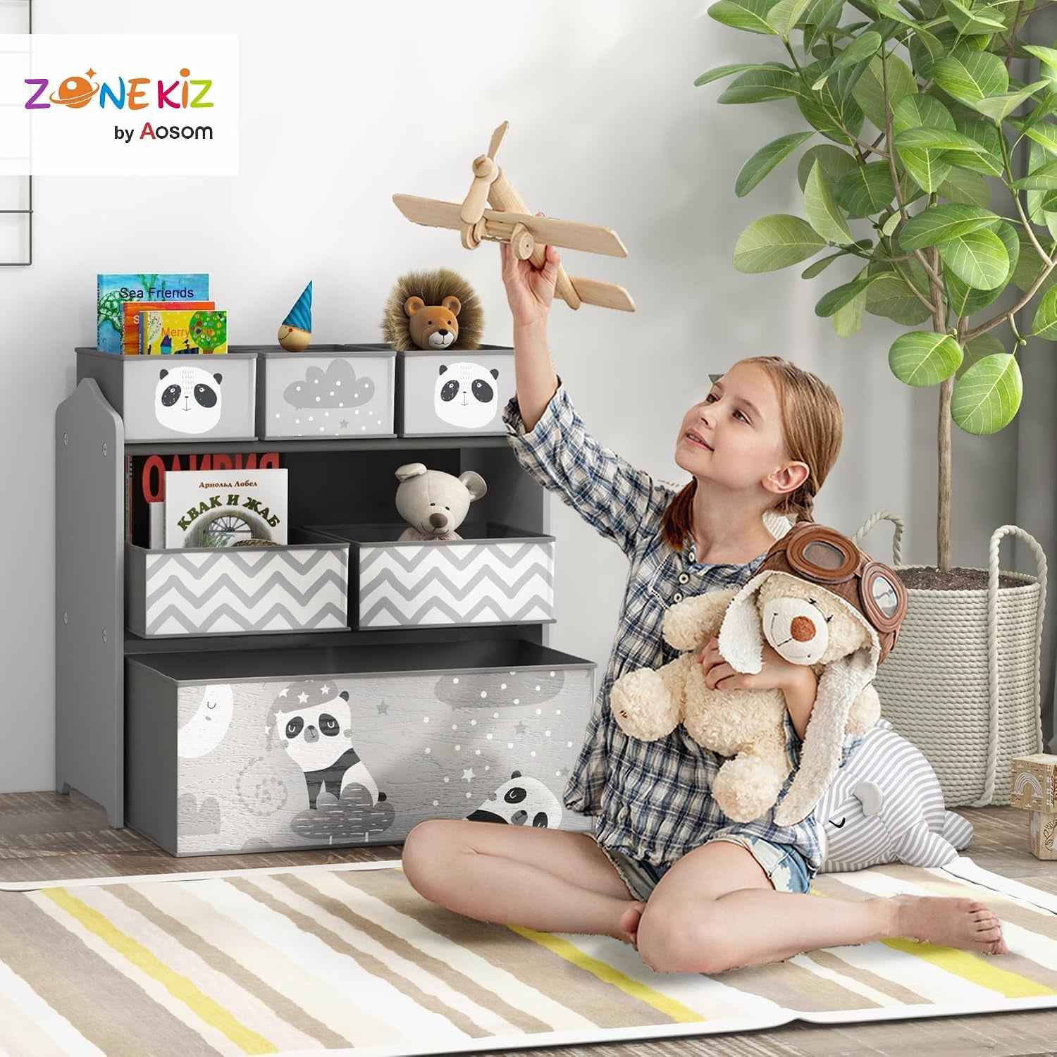 Meuble Rangement Enfant 6 Boîtes Amovibles En Tissu Non Tissé Gris | Rangement Jouet Enfant, Bibliothèque, Organisateur De Jouets Pour Salle De Jeu, Garderie, École, 63 X 30 X 66 Cm