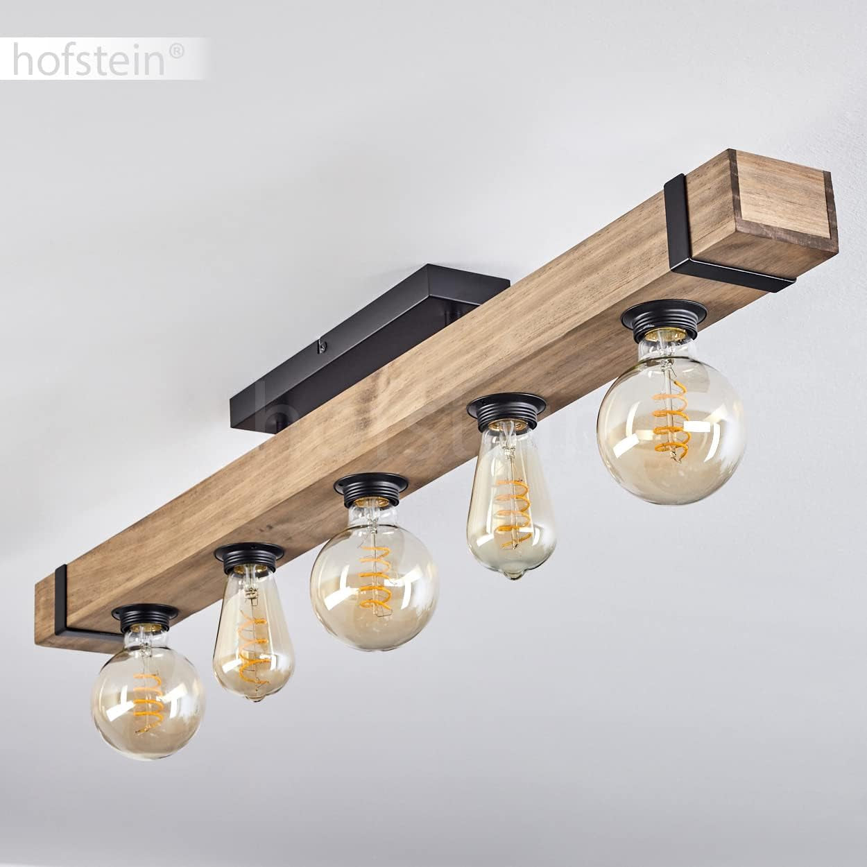 Plafonnier Montgomery, Plafonnier En Métal/Bois Noir/Naturel Avec Poutres En Bois (100 Cm), 5 X E27 Douille, Ampoule(S) Non Incluse(S)