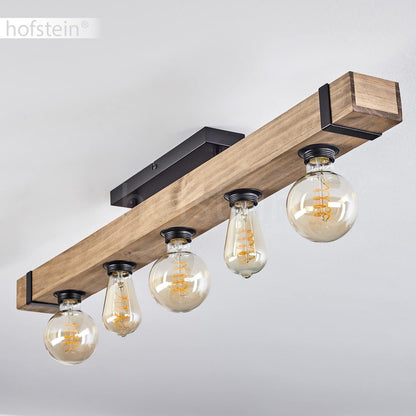 Plafonnier Montgomery, Plafonnier En Métal/Bois Noir/Naturel Avec Poutres En Bois (100 Cm), 5 X E27 Douille, Ampoule(S) Non Incluse(S)