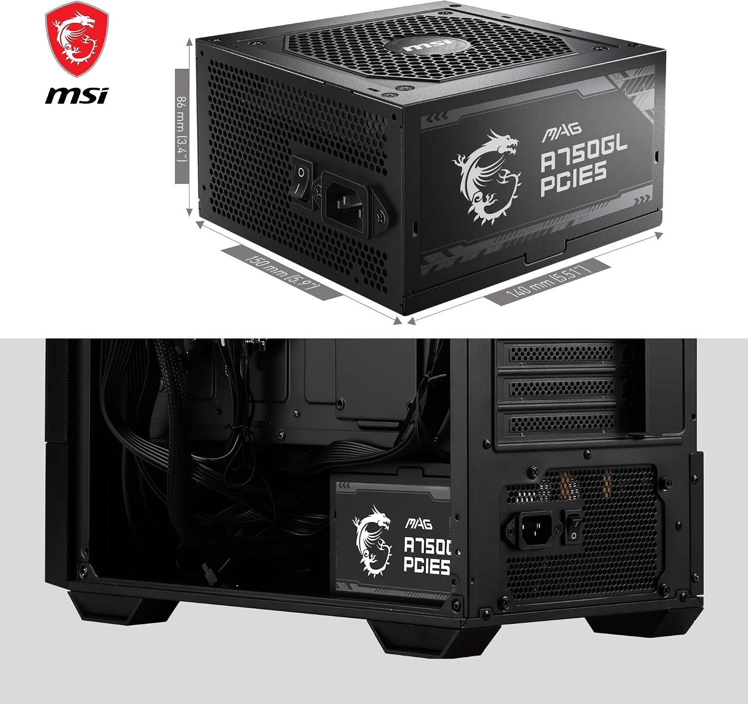 MSI MAG A750GL PCIE5 Alimentation Modulaire ATX 3.1, 80 plus Gold | 750W, Compatible Pcie 5.0, Ventilateur FDB 120Mm, Full-Bridge LLC, Câbles Plats Noirs, Garantie 7 Ans
