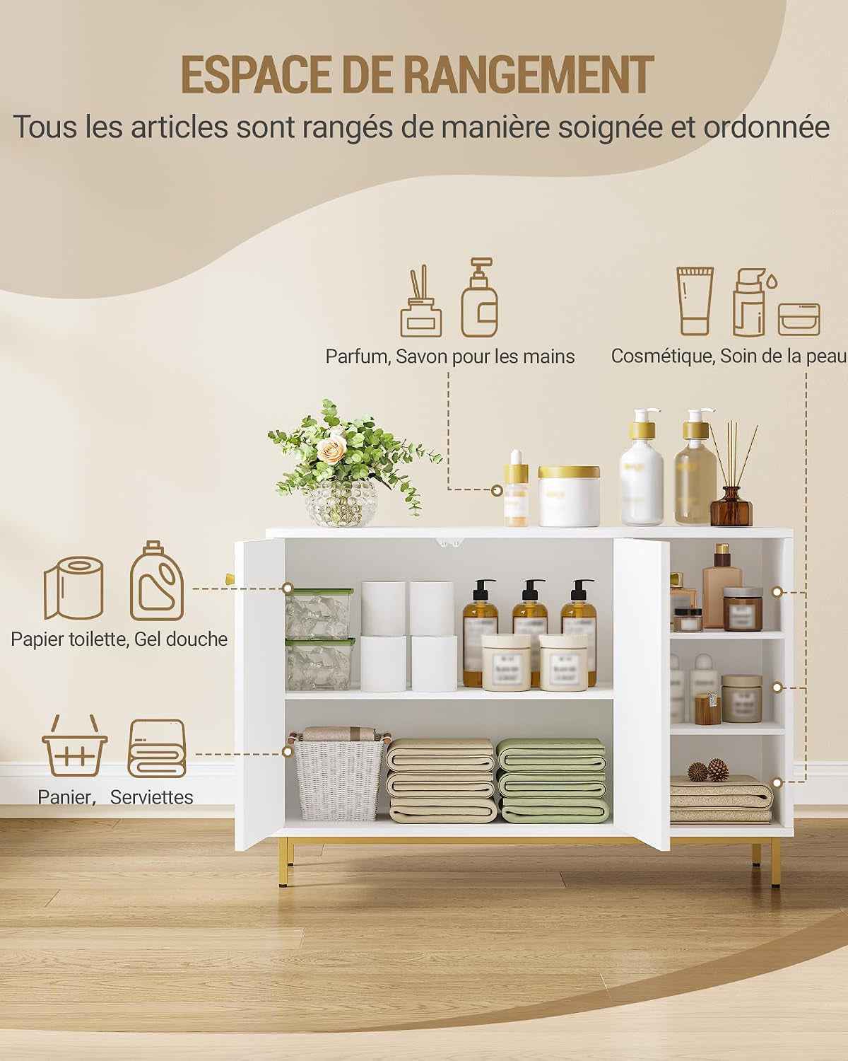 Meuble De Salle De Bain Avec 2 Portes, 3 Compartiments Ouverts | Meuble De Rangement Et Étagères Réglables, Armoire Sur Pied, Pour Salon, Entrée, 35 X 100 X 75 Cm, Blanc-Or SC10203G