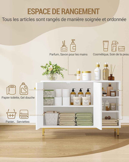 Meuble De Salle De Bain Avec 2 Portes, 3 Compartiments Ouverts | Meuble De Rangement Et Étagères Réglables, Armoire Sur Pied, Pour Salon, Entrée, 35 X 100 X 75 Cm, Blanc-Or SC10203G