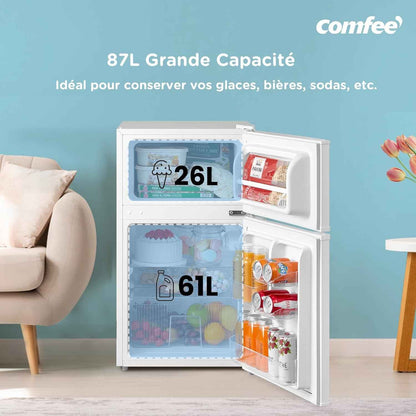 ' 87L Frigo Congelateur, Petit Frigo, Refrigerateur Combi, Blanc | Réfrigérateur Combi, Avec Éclairage, Étagères Amovibles, Thermostats Réglables, Portes Réversibles
