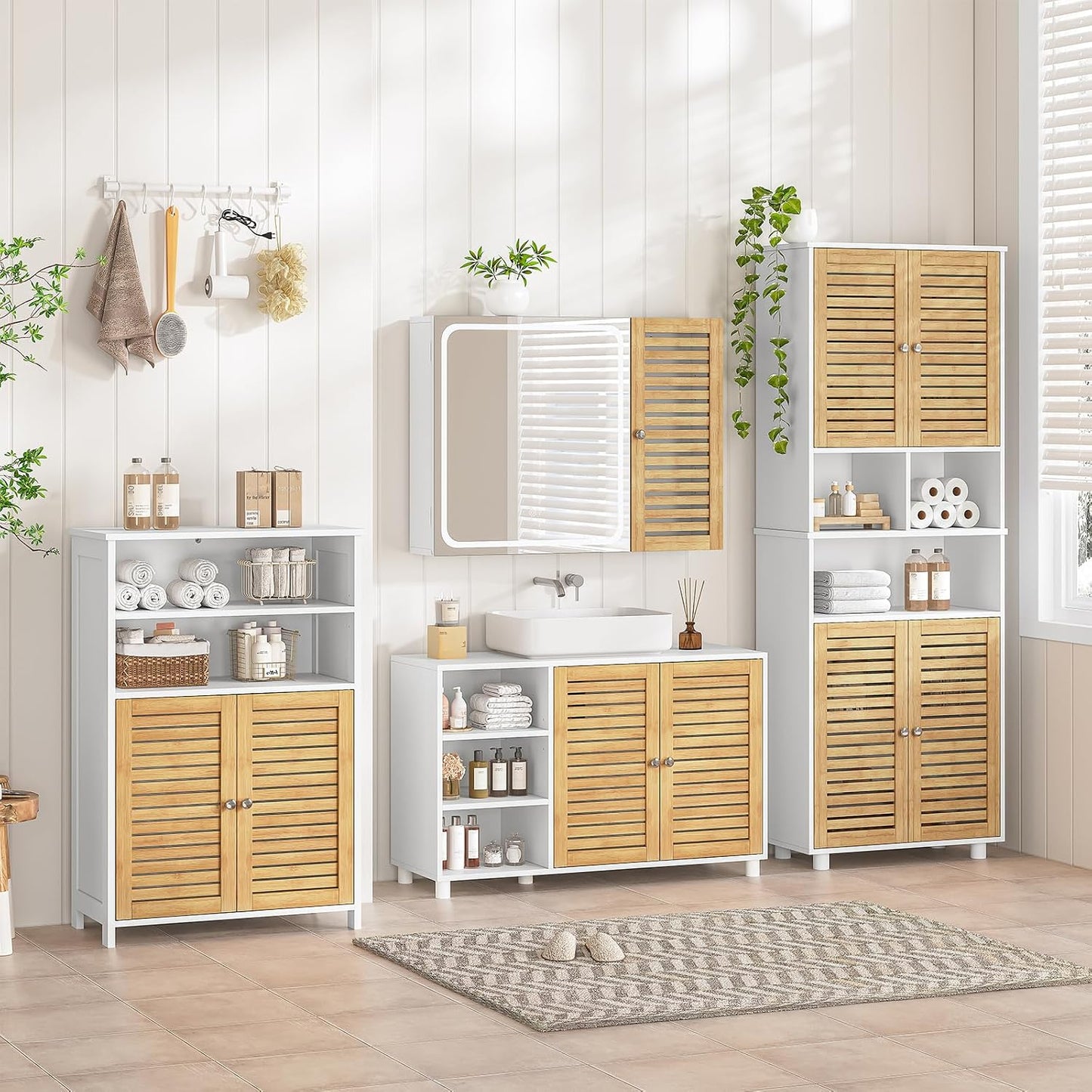 Meuble Colonne De Salle De Bain, Armoire Haute Cuisine Avec 3 Étagères Réglables Et Ouvertes, 4 Portes En Bambou, Meuble De Rangement Pour Salon, Cuisine, Salle De Bain, 60X30X170 Cm