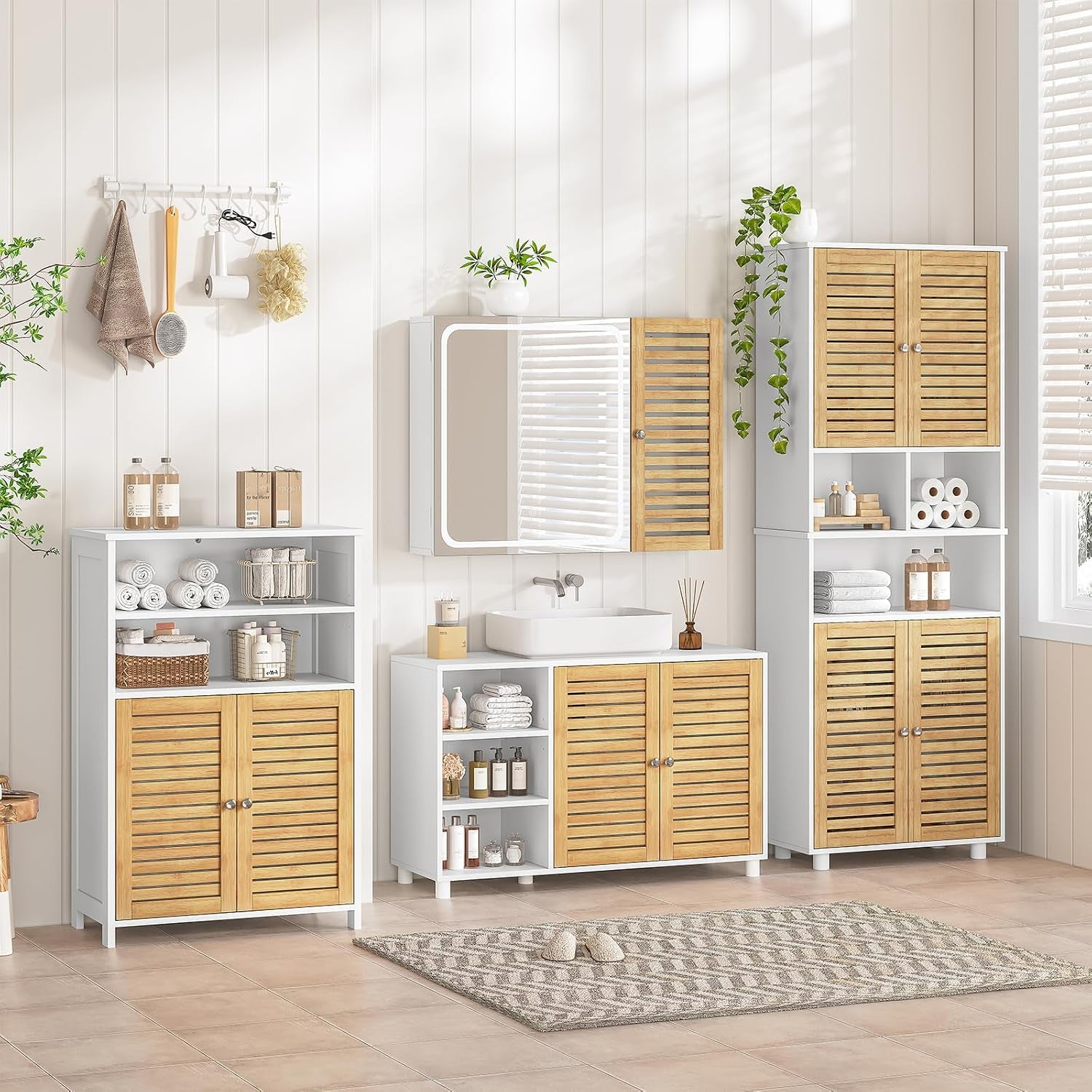 Meuble Colonne De Salle De Bain, Armoire Haute Cuisine Avec 3 Étagères Réglables Et Ouvertes, 4 Portes En Bambou, Meuble De Rangement Pour Salon, Cuisine, Salle De Bain, 60X30X170 Cm