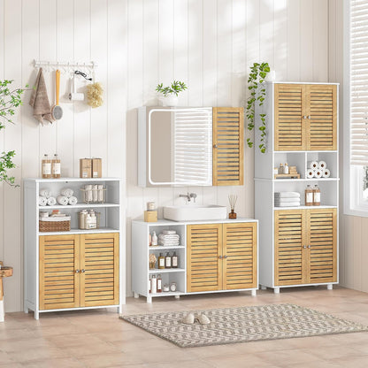 Meuble Colonne De Salle De Bain, Armoire Haute Cuisine Avec 3 Étagères Réglables Et Ouvertes, 4 Portes En Bambou, Meuble De Rangement Pour Salon, Cuisine, Salle De Bain, 60X30X170 Cm