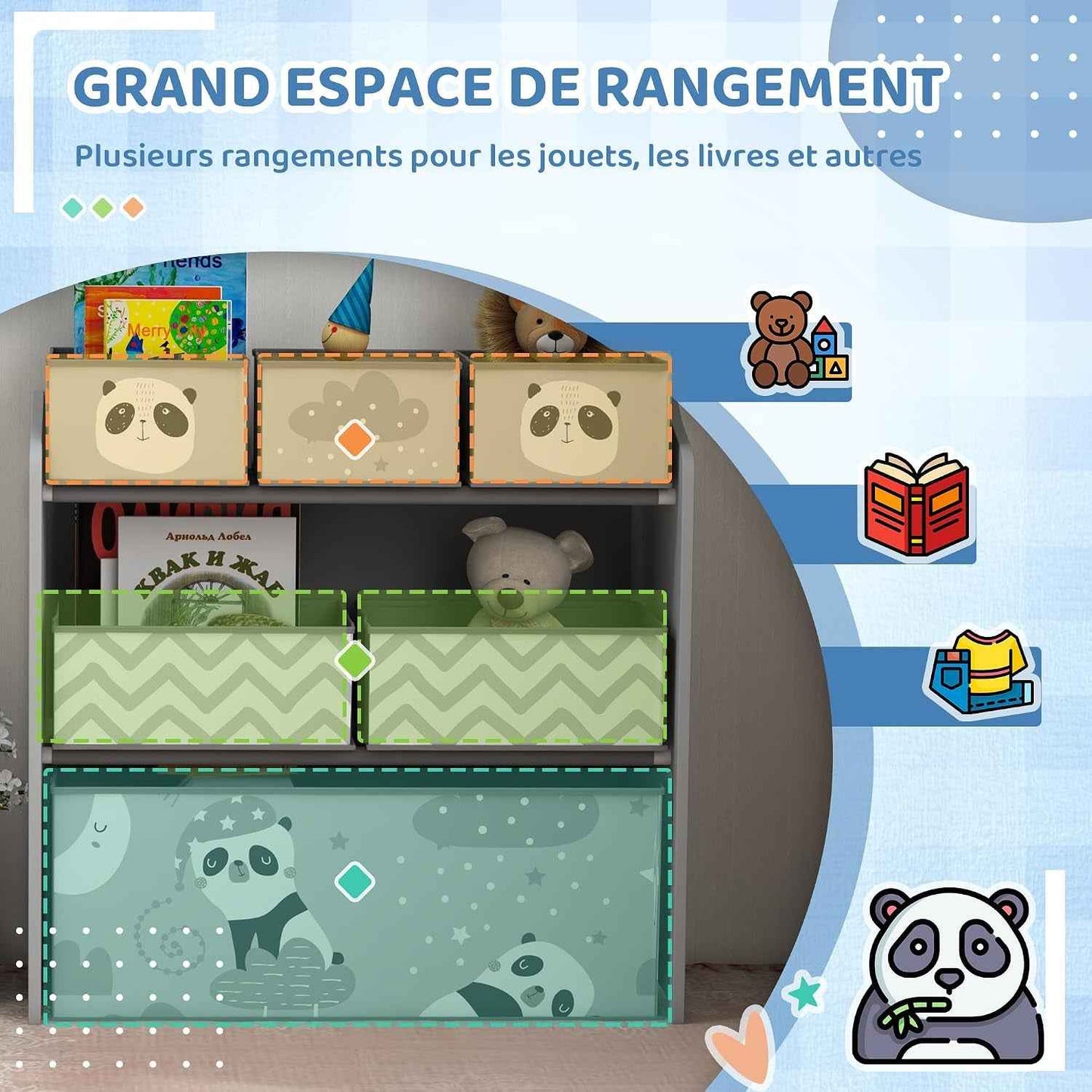 Meuble Rangement Enfant 6 Boîtes Amovibles En Tissu Non Tissé Gris | Rangement Jouet Enfant, Bibliothèque, Organisateur De Jouets Pour Salle De Jeu, Garderie, École, 63 X 30 X 66 Cm