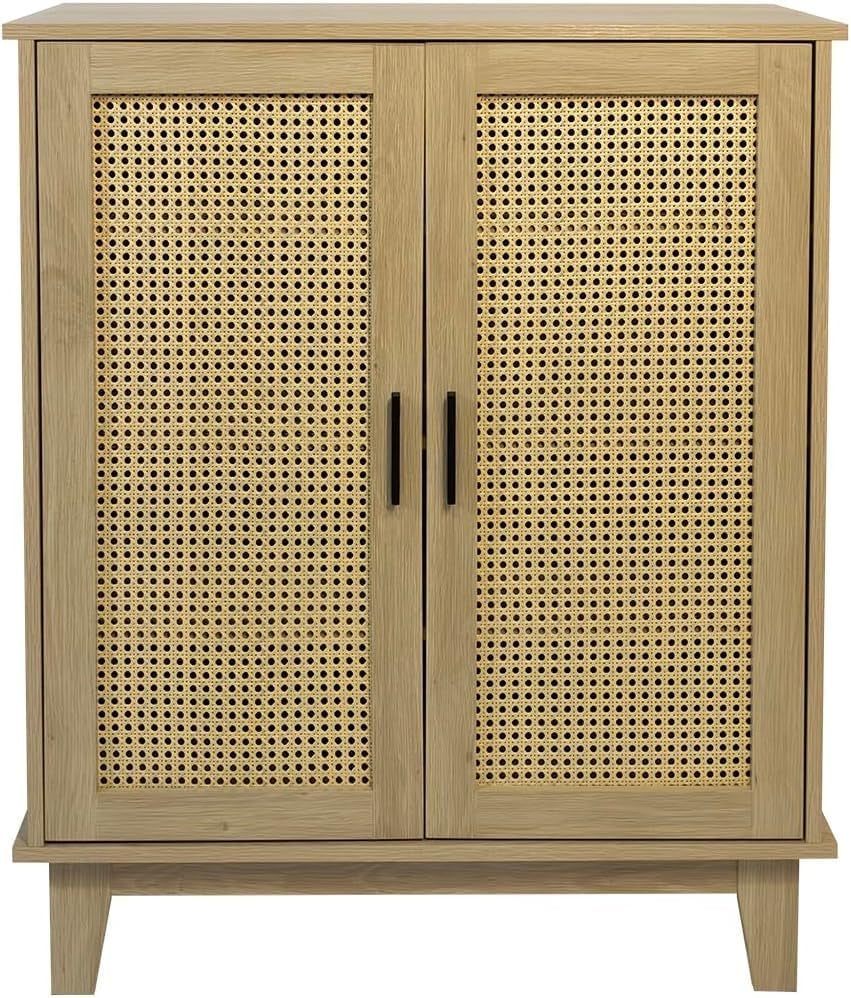 - Buffet - 80 X 34 X 96Cm - Cannage, Bois - 2 Portes - Rangement Élégant Et Pratique - Salon, Salle À Manger, Cuisine - Style Naturel Et Bohème