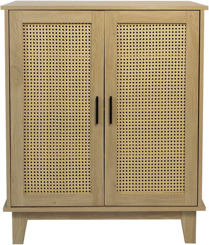 - Buffet - 80 X 34 X 96Cm - Cannage, Bois - 2 Portes - Rangement Élégant Et Pratique - Salon, Salle À Manger, Cuisine - Style Naturel Et Bohème