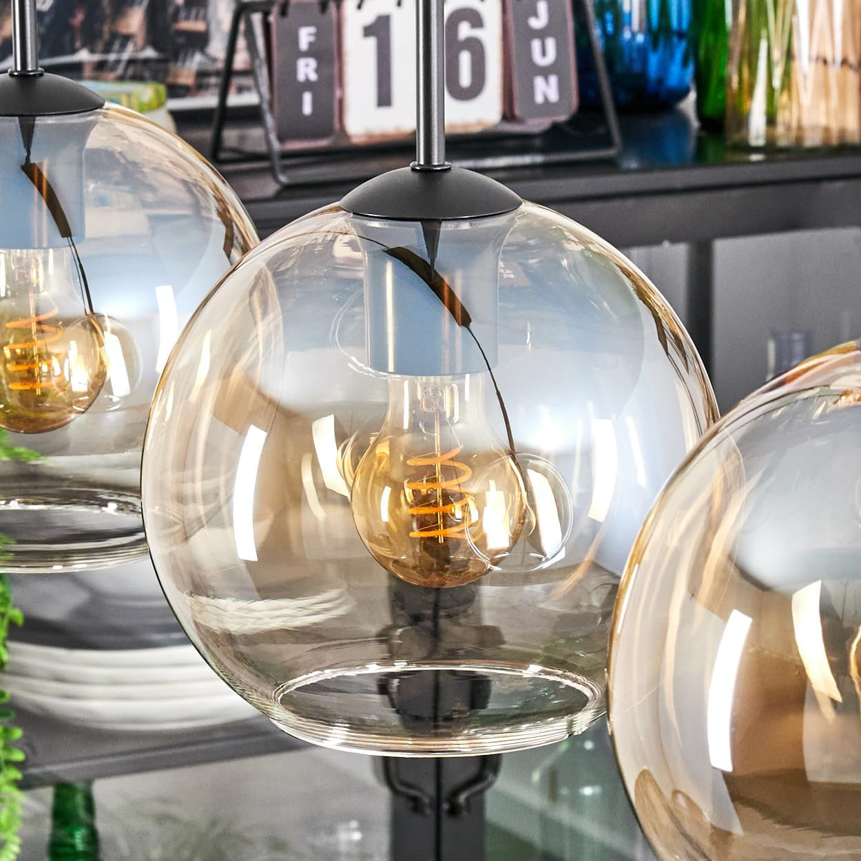 Koyoto Suspension À 3 Ampoules En Métal/Verre Noir/Ambre/Transparent, Suspension Moderne Au Design Rétro/Vintage (Abat-Jour Ø 20 Cm), E27, Salle À Manger, Salon, Cuisine